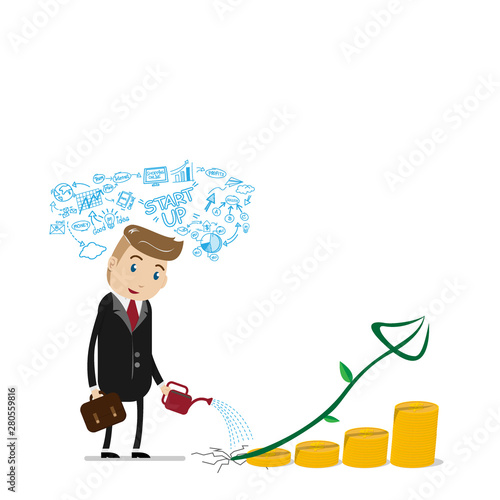 financial growth success concept with happy businessman with business plan over head, watering can pouring on golden coins as step stair start from beginning till success. investment growth success