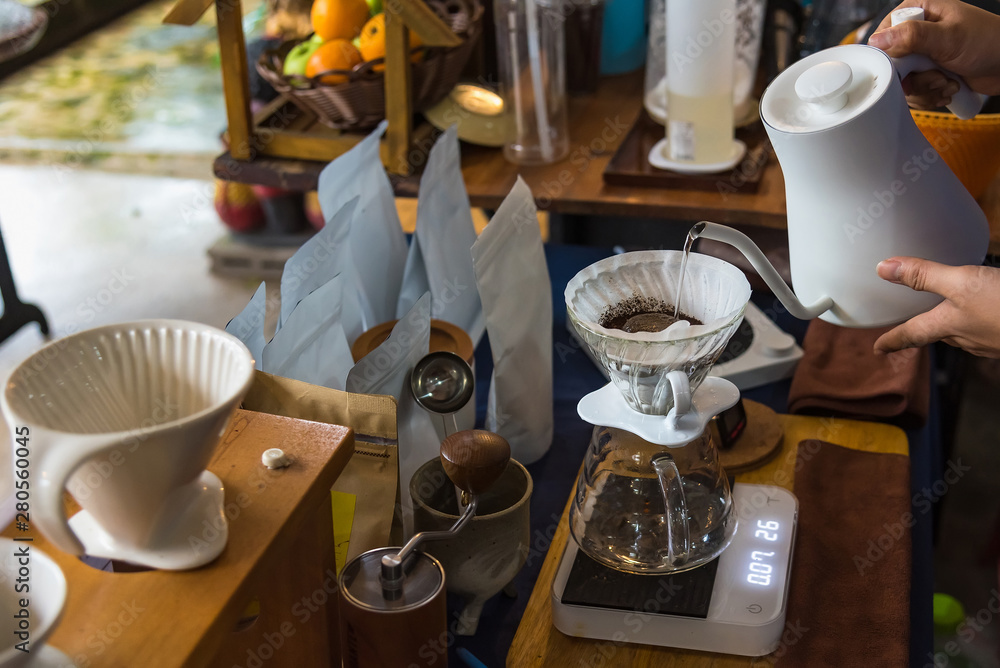 Close up of filter coffee maker, kettle 