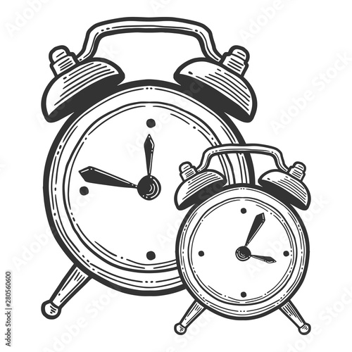 Alarm clock, analog watches. Vector in doodle and sketch style.