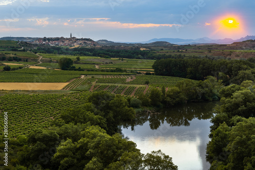 Ebro river at sunset with Briones village as background  La Rioja  Spain