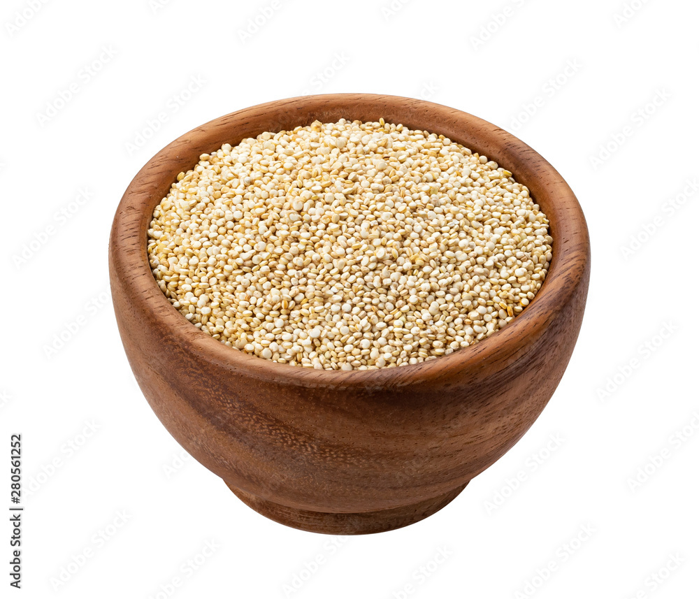 Wooden bowl of quinoa seeds isolated on white background Wooden bowl of quinoa seeds isolated on white background