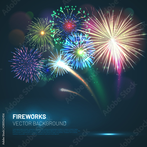 Realistic fireworks explosions with shining sparks on dark background. Festive template with new year colorful fireworks and free space for text. Pyrotechnics light show vector illustration.