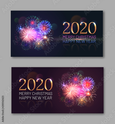 New year festival party invitation templates with bright fireworks and 2020 golden numbers. Celebratory template with realistic dazzling display of fireworks on dark sky vector illustration.