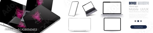 Vector minimalistic 3d isometric illustration set device. Smartphone, laptop, tablet, tv perspective view. Side and top view. Mockup generic device. Template for infographics or presentation 