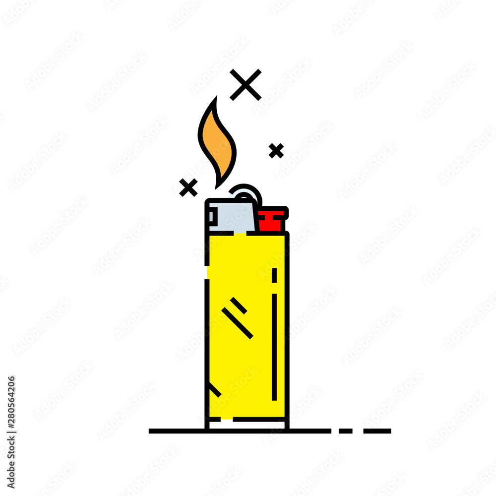 Cigarette lighter line icon. Yellow lighter symbol with flame and spark