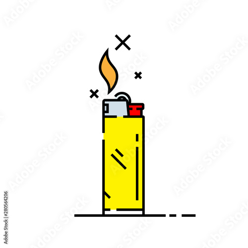 Cigarette lighter line icon. Yellow lighter symbol with flame and spark. Vector illustration.