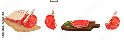 Vector illustration of food. Set of stylized raw meat. Sliced assortment of fresh meat, beef steaks on white background, on paper, on cutting Board.