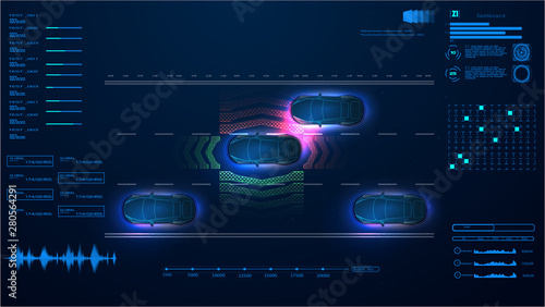 Automatic braking system avoid car crash from car accident. Concept for driver assistance systems. Autonomous car. Driverless car. Self driving vehicle. Future concepts smart auto. HUD, GUI, hologram
