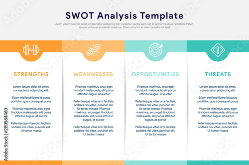 Four colorful elements with text placed inside table. Concept of SWOT-analysis template or strategic planning technique. Infographic design template. Vector illustration.