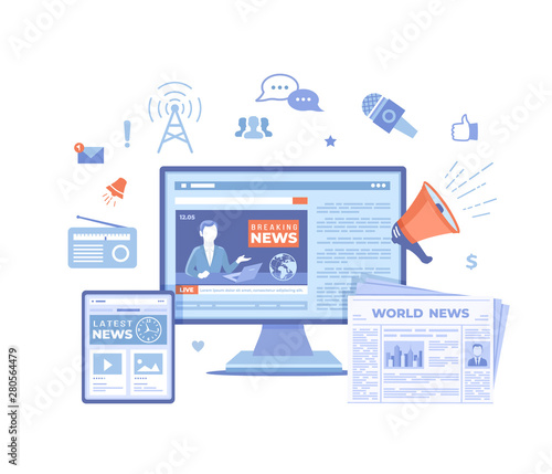 News Update, Online news. Breaking news website with broadcaster on the monitor and tablet screen, newspaper, radio. Information about events, activities, announcements. Vector illustration on white 