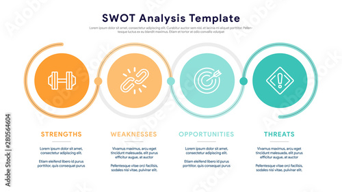 Four colorful elements with text inside placed beside the element. Concept of SWOT-analysis template or strategic planning technique. Infographic design template. Vector illustration.
