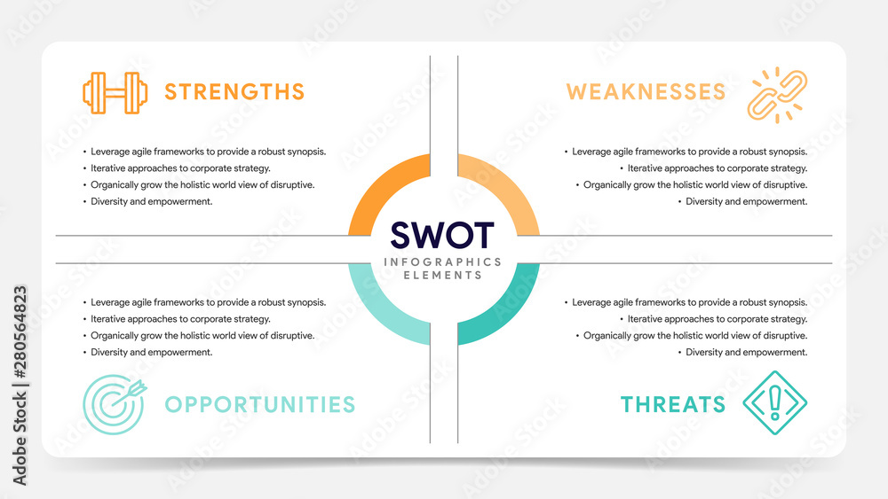Four colorful elements with text inside placed around circle. Concept of SWOT-analysis template or strategic planning technique. Infographic design template. Vector illustration. Four colorful elements with text inside placed around circle. Concept of SWOT-analysis template or strategic planning technique. Infographic design template. Vector illustration.
