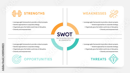 Four colorful elements with text inside placed around circle. Concept of SWOT-analysis template or strategic planning technique. Infographic design template. Vector illustration.