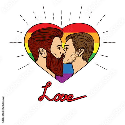 Vector illustration with rainbow colors. Vector banner of a homosexual couple is kissing. Two young men kissing each other inside the heart shape frame with typing "love". Happy pride day banner