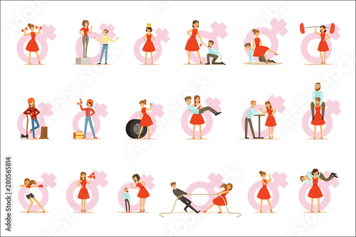 Woman In Red Dress Taking On Traditional Male Roles And Exchanging Places With Man, Series Of Feminism Illustration And Female Power