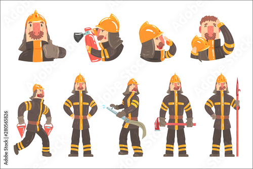 Funny Fireman At Work Using Firefighting Gear And Wearing Firefighter Uniform With Helmet And Bunker Coat