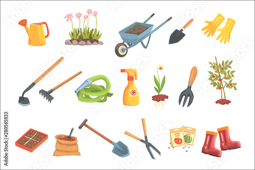Gardeners Equipment Set Of Objects Needed For Gardening And Farming Isolated Vector Illustrations
