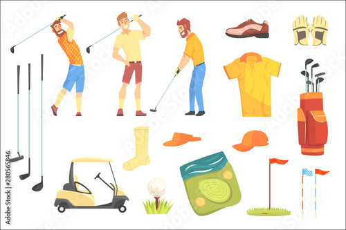 Three Golfers Playing Golf Surrounded By Sport Equipment And Game Attributes Cartoon Vector Illustration.