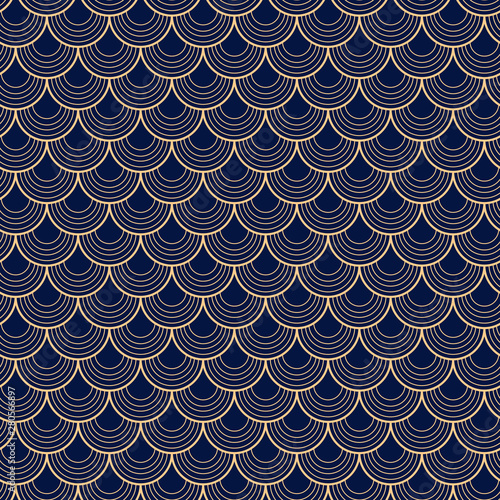 Traditional Japanese Seamless Pattern. Golden Geometric Ornament on Dark Blue Background. Vector Illustration.