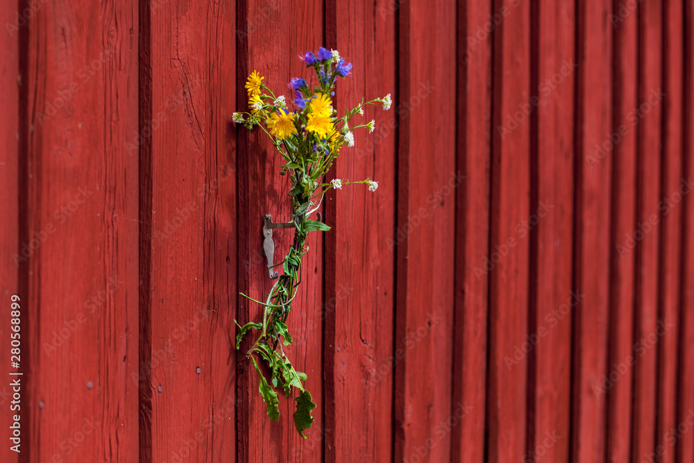 Blumenstrauß dekoriert rote Holzwand. Bouquet of flowers decorating red wooden wall. Blumenstrauß dekoriert rote Holzwand. Bouquet of flowers decorating red wooden wall.