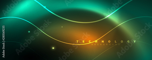 Shiny neon lines template - northern lights glowing blur lines. Futuristic style glow neon 80s disco club or night party techno template