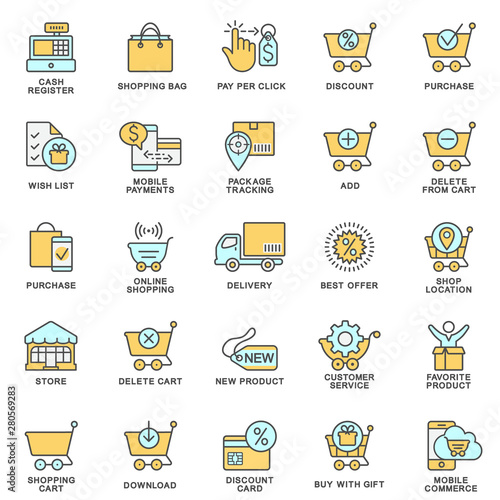 Icons for the site of the online store. The thin contour lines with color fills.