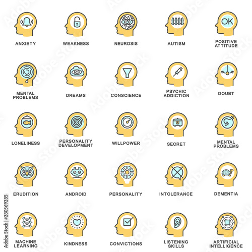Icons psychology of personality. Psychology of the human personality in the process of life. The thin contour lines with color fills.