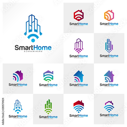 Set of Smart City Tech Logo Vector. City Net Logo Concept Vector. Wifi House Vector Logo
