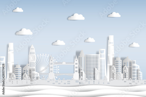 Paper cut style England and city skyline with world famous landmarks of London.