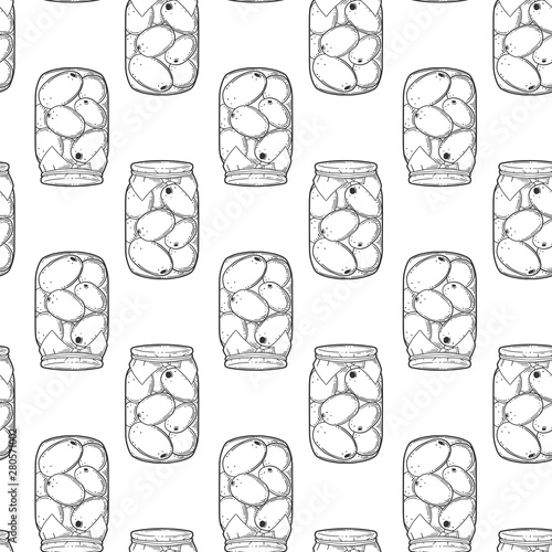 Canned tomatoes preserve. Vector concept in doodle and sketch style. Hand drawn illustration for printing on T-shirts, postcards.