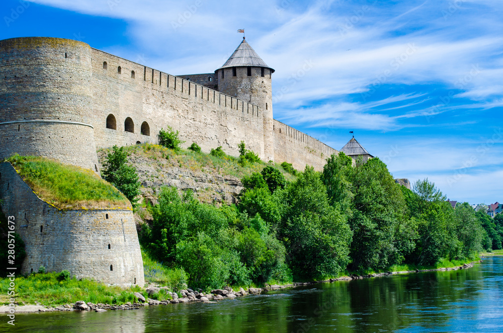 RUSSIA, JUNE 19, 2019. Ivangorod fortress. It stands opposite the Castle of Narva. Between them river.