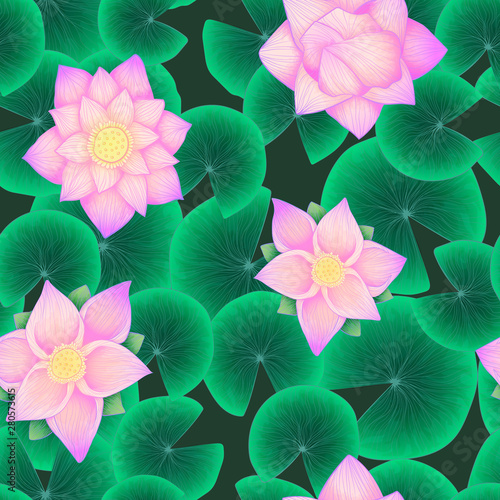 Seamless vector pattern with water lily flowers, blossom bud and leaves illustration with watercolor imitation. Hand draw repeater background with lotus elements on dark green background.