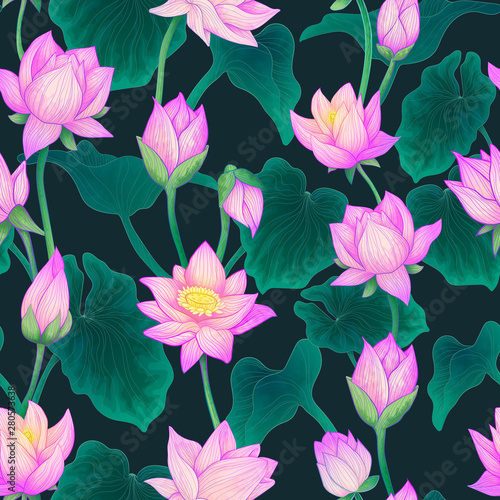 Seamless vector pattern with water lily flowers, blossom bud and leaves illustration with watercolor imitation. Hand draw repeater background with lotus elements on dark green background.