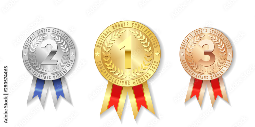 Champion gold, silver and bronze award medals with red ribbons isolated on white background. The first, second, third place on sport tournament, victory concept prizes - obrazy, fototapety, plakaty 