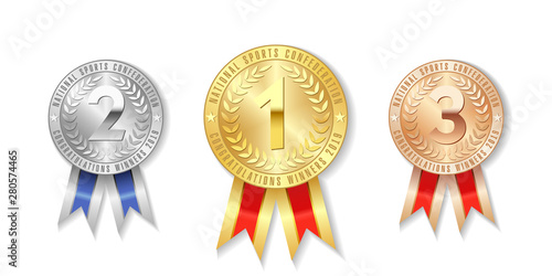 Champion gold, silver and bronze award medals with red ribbons isolated on white background. The first, second, third place on sport tournament, victory concept prizes