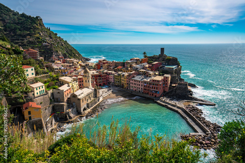 Landscape of Vernazza village from the top of the hill in Cinque Terre, Italy