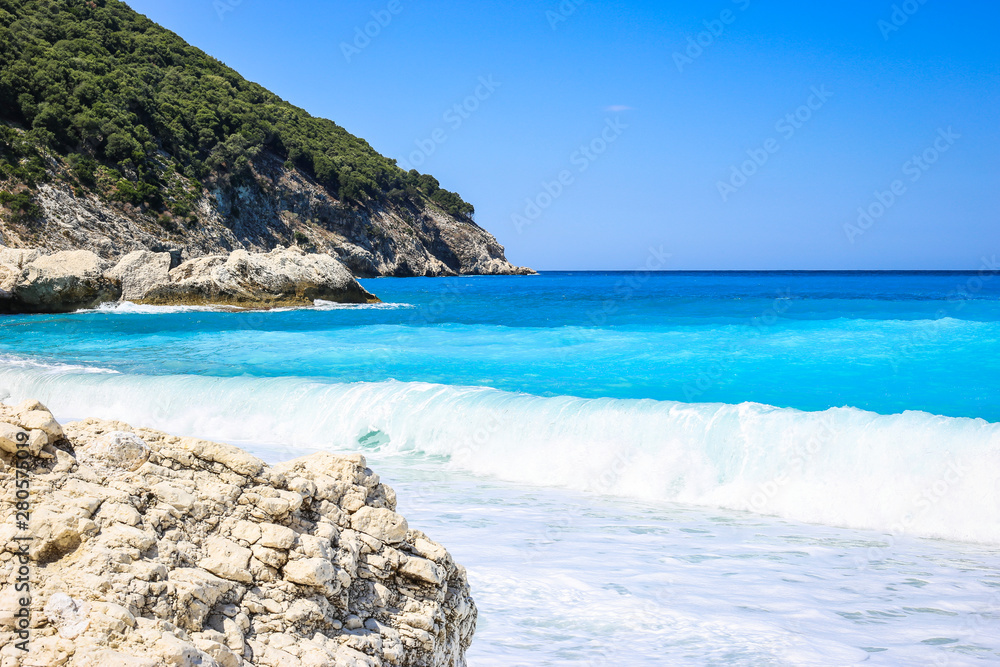 Waves on the Myrtos beach, Kefalonia island, Greece