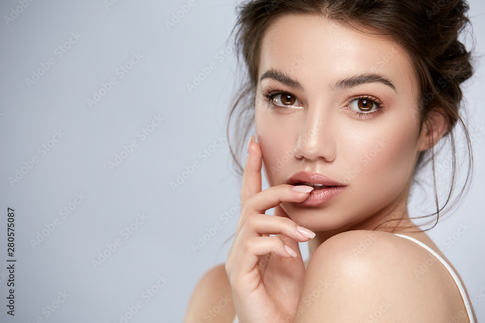 handsome woman portrait with highlighters and glossy lips handsome woman portrait with highlighters and glossy lips