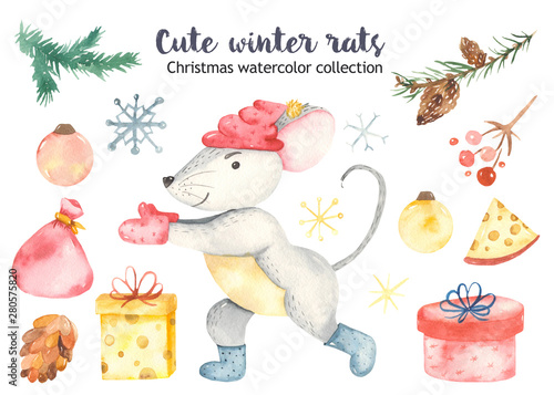 Cute cartoon rat snowman watercolor fir tree Christmas toys and Christmas gifts set. Illustration of animal symbol of the year. New Year 2020 holiday.