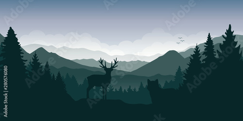 wolf is watching deer in the forest at mountain landscape vector illustration EPS10