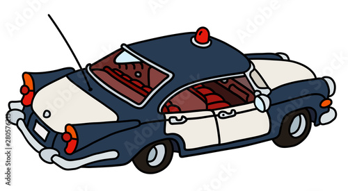 The vectorized hand drawing of a funny old american police car
