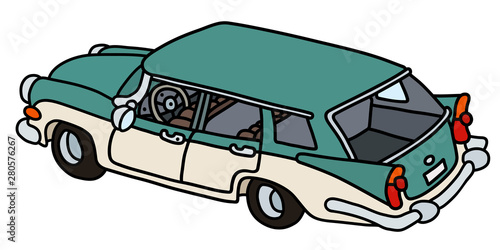 The vectorized hand drawing of a funny old green and white station wagon
