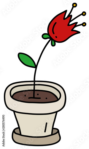 The vectorized hand drawing of a red flower in the light flowerpot photo