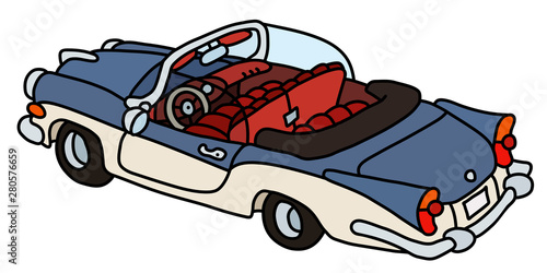 The vectorized hand drawing of a funny old blue and white american convertible