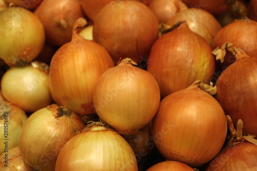 Pile of orange gold color raw onions for background or banner