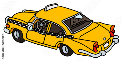 The vectorized hand drawing of a funny old yellow cab