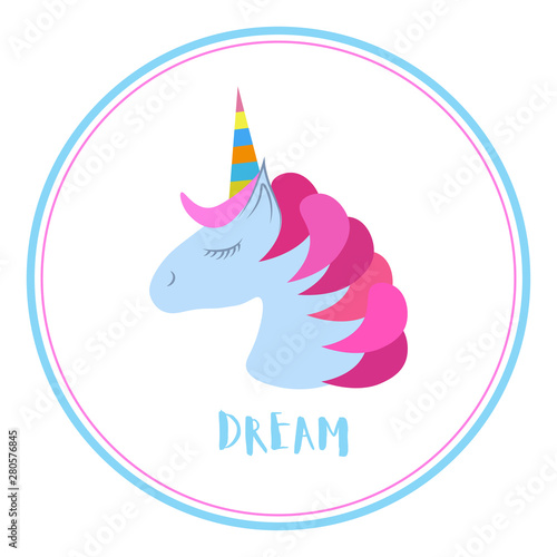 Unicorn vector icon isolated on white. Head portrait horse sticker, patch badge.