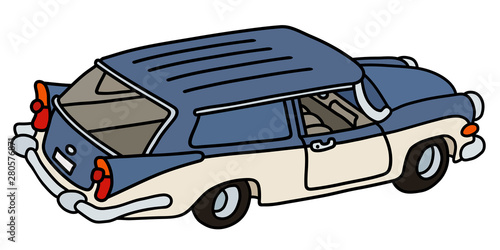 The vectorized hand drawing of a funny old blue and white station wagon
