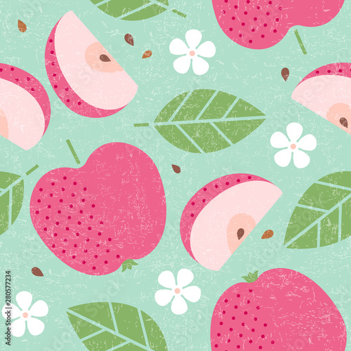 Seamless pattern. Red apple juicy fruits leaves and flowers on shabby background. Sliced fruit. Cut apples.