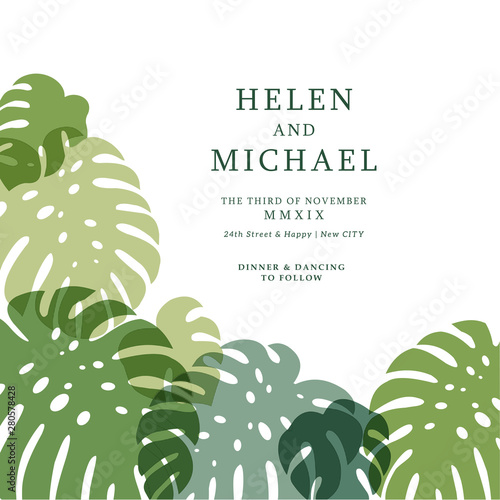 Minimalist monstera wedding invitation. Card design template. Vector illustration